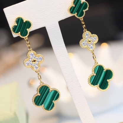 [Dawnora Jewelry]CLOVER EARRINGS GOLD MALACHITE DIAMOND 3 MOTIF