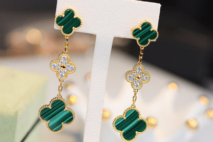 [Dawnora Jewelry]CLOVER EARRINGS GOLD MALACHITE DIAMOND 3 MOTIF