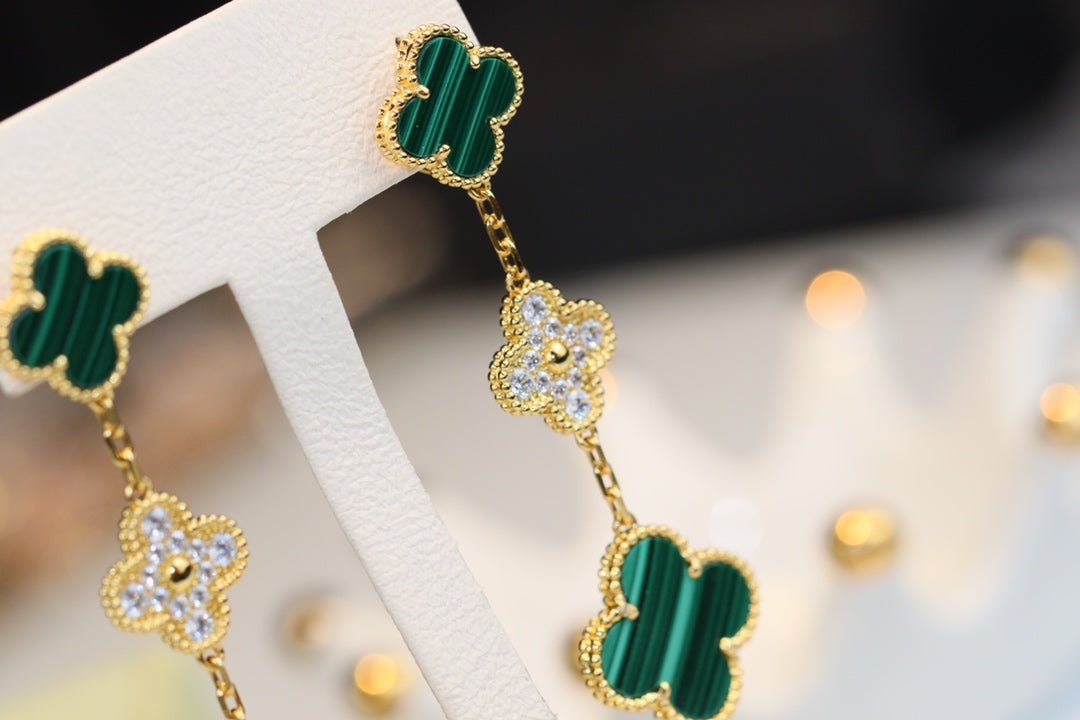 [Dawnora Jewelry]CLOVER EARRINGS GOLD MALACHITE DIAMOND 3 MOTIF