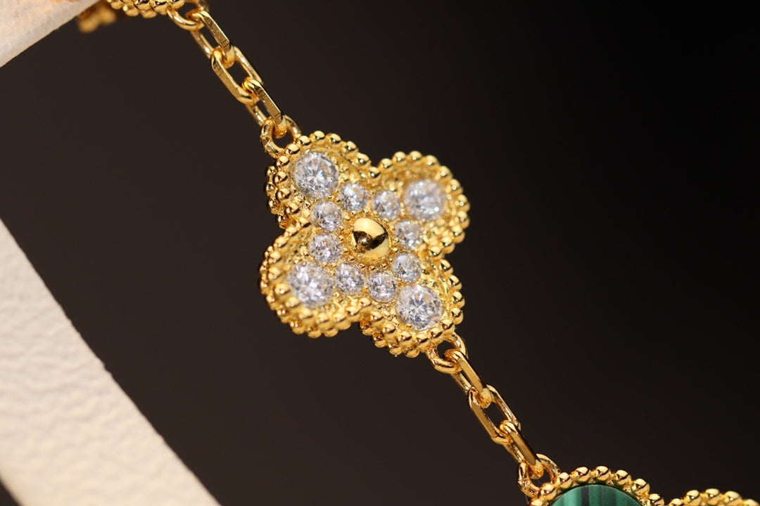 [Dawnora Jewelry]CLOVER EARRINGS GOLD MALACHITE DIAMOND 3 MOTIF