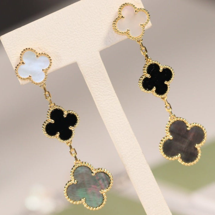 [Dawnora Jewelry]CLOVER EARRINGS GOLD ONYX MOP 3 MOTIF