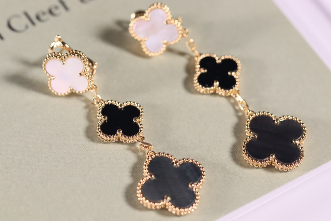 [Dawnora Jewelry]CLOVER EARRINGS GOLD ONYX MOP 3 MOTIF
