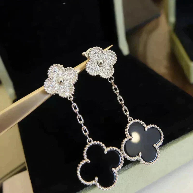 [Dawnora Jewelry]CLOVER 2 MOTIFS  DIAMOND ONYX EARRINGS SILVER