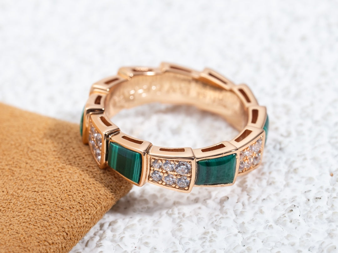 [Dawnora Jewelry]SERPENTI RING PINK GOLD MALACHITE DIAMOND PAVED 4MM
