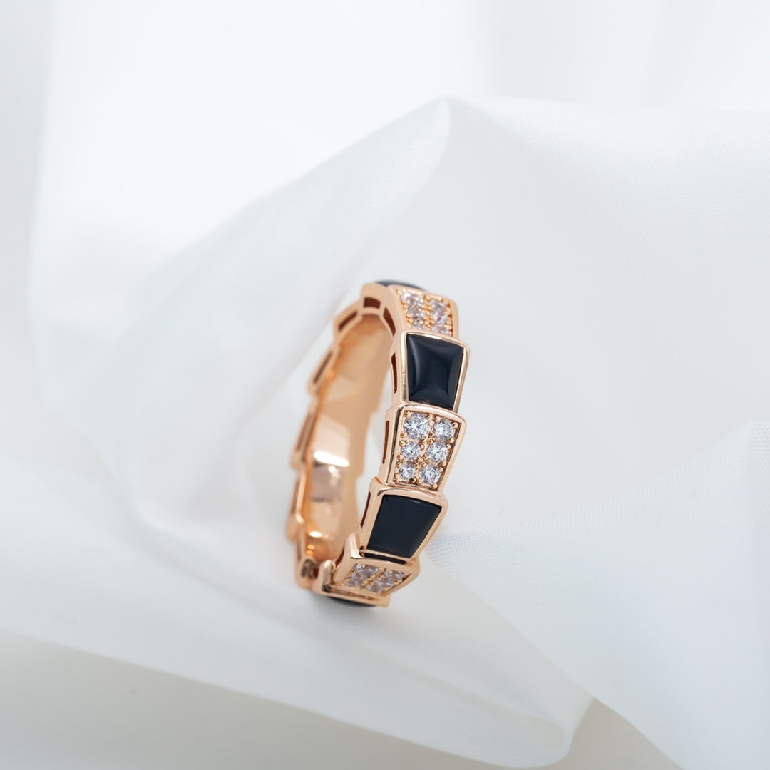 [Dawnora Jewelry]SERPENTI RING PINK GOLD BLACK MOP DIAMOND PAVED 4MM