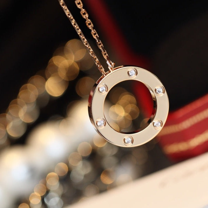 [Dawnora Jewelry]LOVE NECKLACE 16MM 6 DIAMONDS PINK GOLD