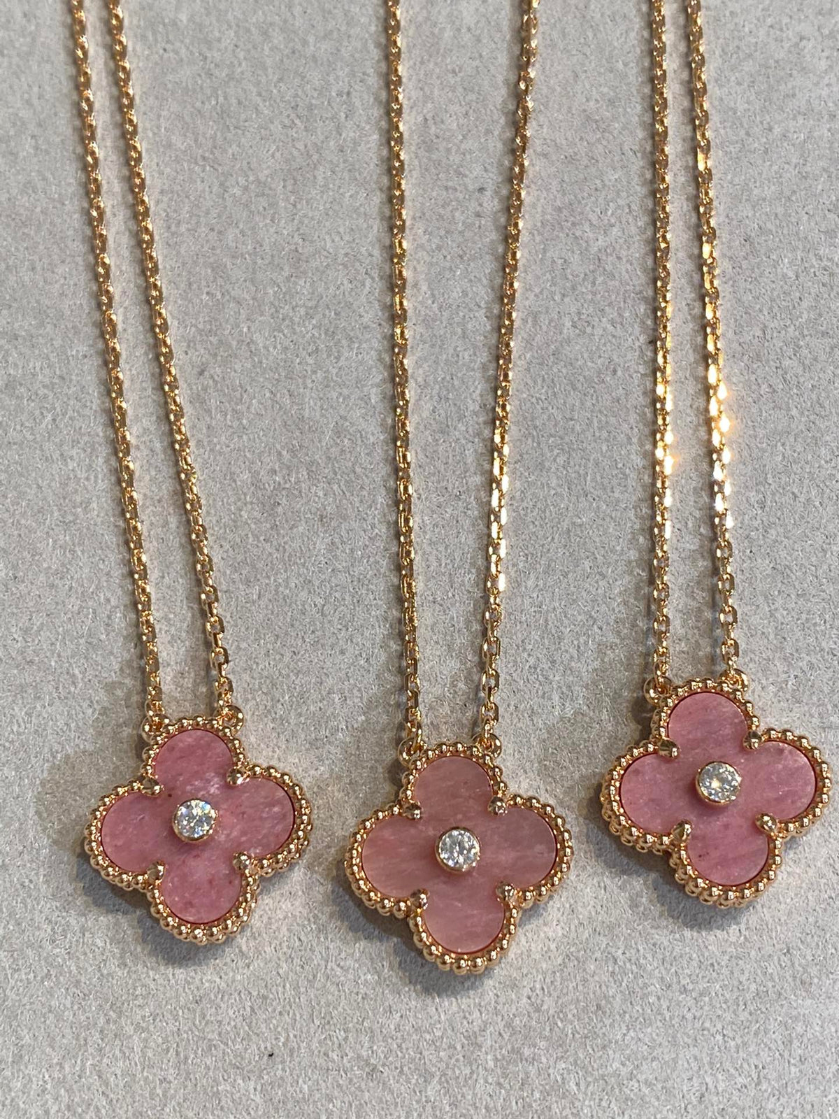 [Dawnora Jewelry]CLOVER 15MM DIAMOND RHODONITE NECKLACE