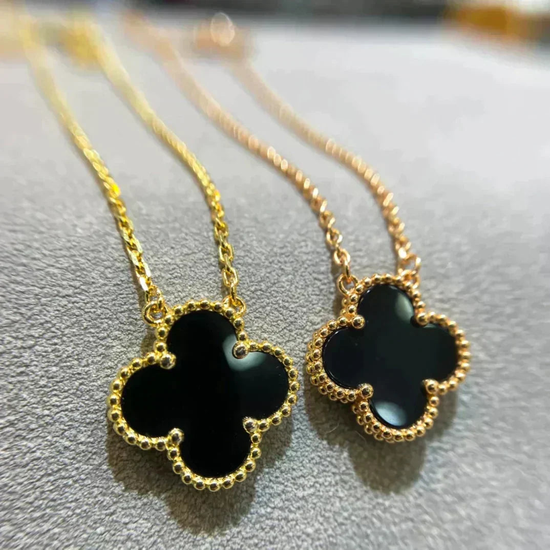 [Dawnora Jewelry]CLOVER 15MM BLACK ONYX SINGLE FLOWER NECKLACE