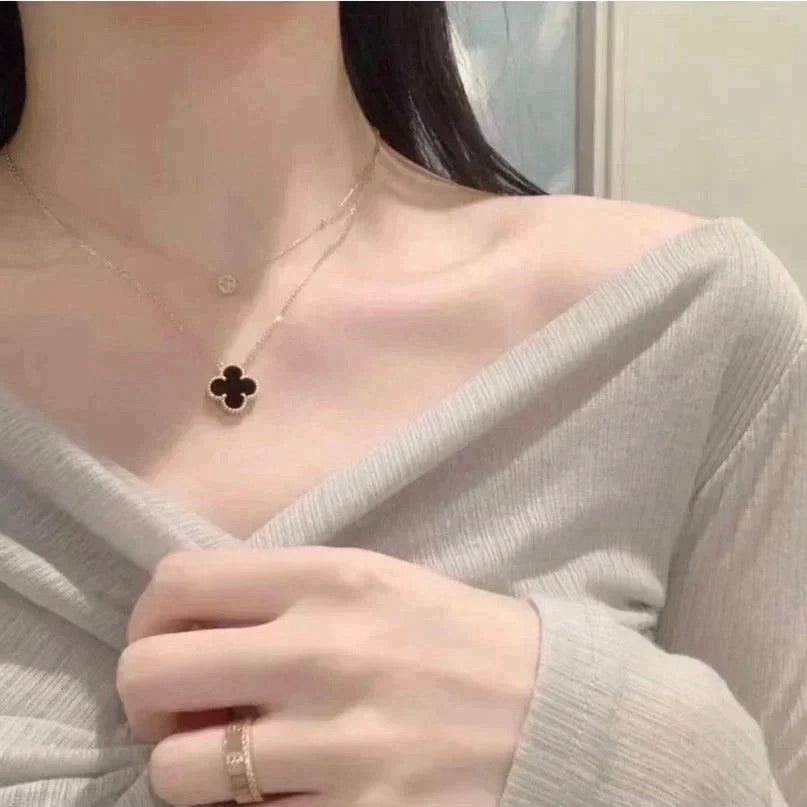 [Dawnora Jewelry]CLOVER 15MM BLACK ONYX SINGLE FLOWER NECKLACE