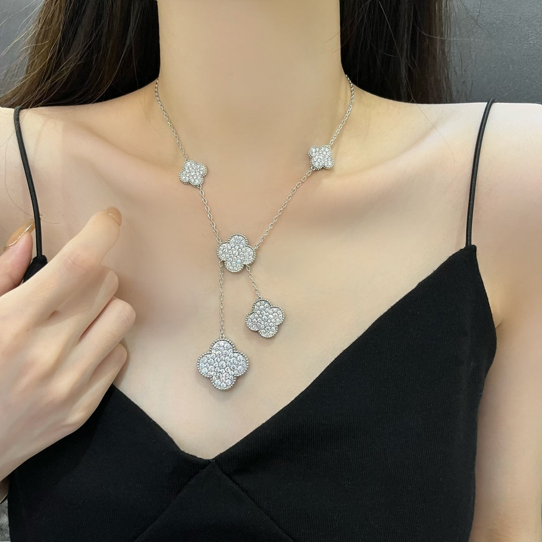 [Dawnora Jewelry]CLOVER 5 MOTIFS SILVER DIAMONDS NECKLACE