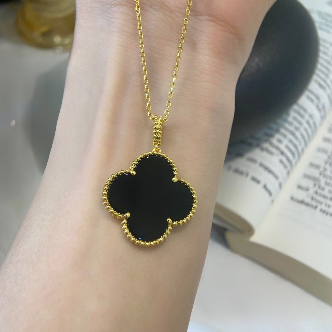 [Dawnora Jewelry]CLOVER 25MM NECKLACE GOLD ONYX