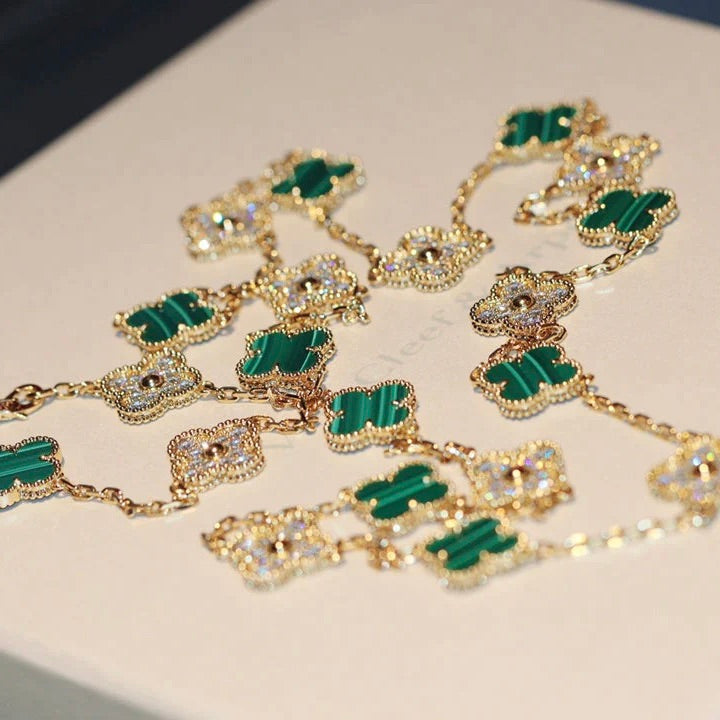 [Dawnora Jewelry]CLOVER 20 MOTIFS MALACHITE DIAMOND NECKLACE