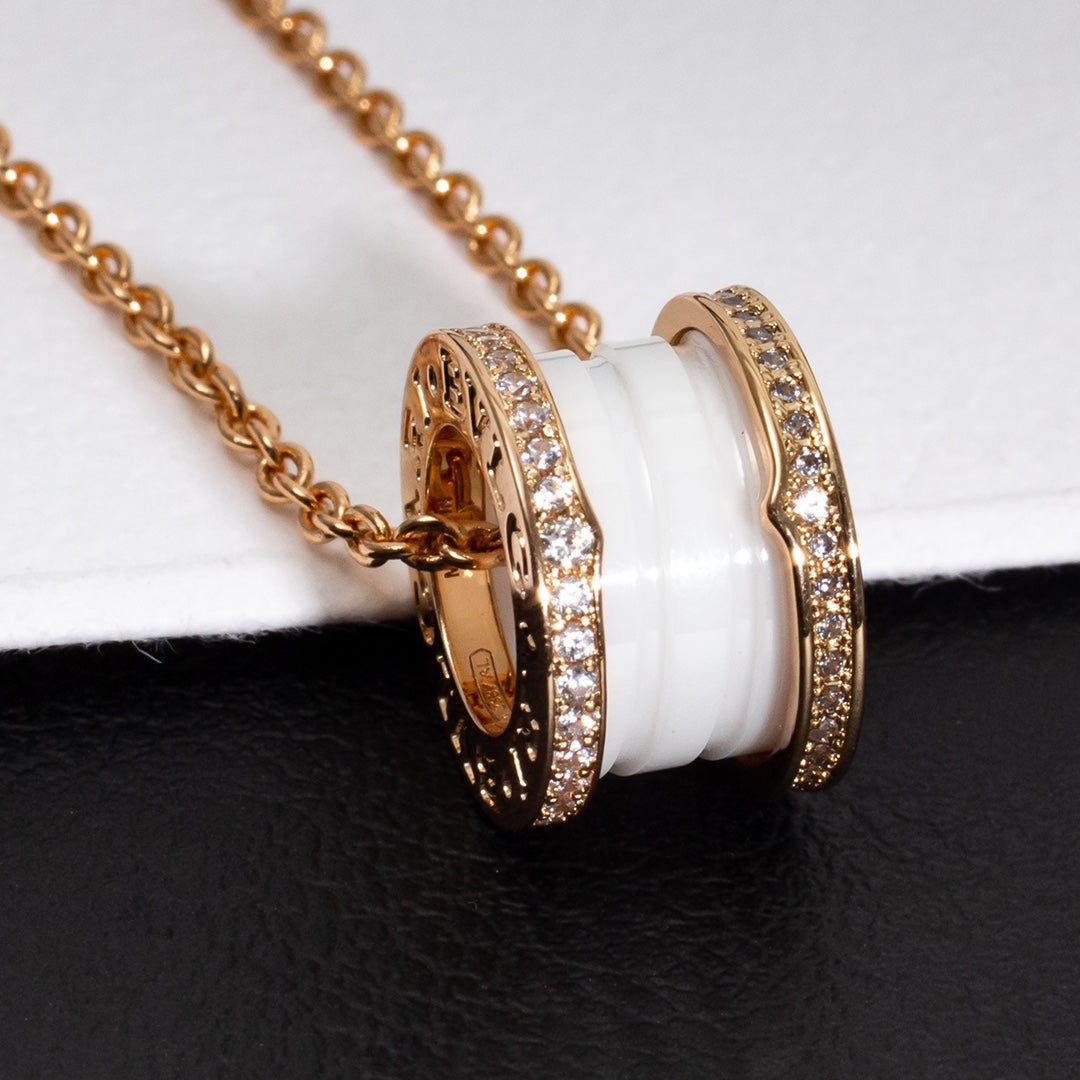 [Dawnora Jewelry]ZERO 1 WHITE CERAMIC PINK GOLD DIAMOND NECKLACE