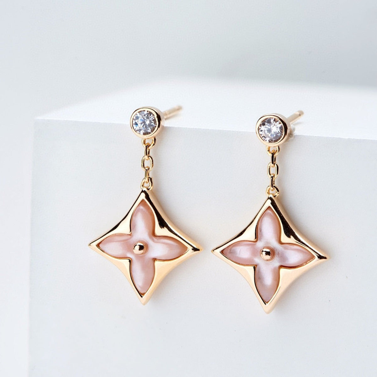 [Dawnora Jewelry]DOUBLE STAR PINK GOLD MOP DROP EARRINGS
