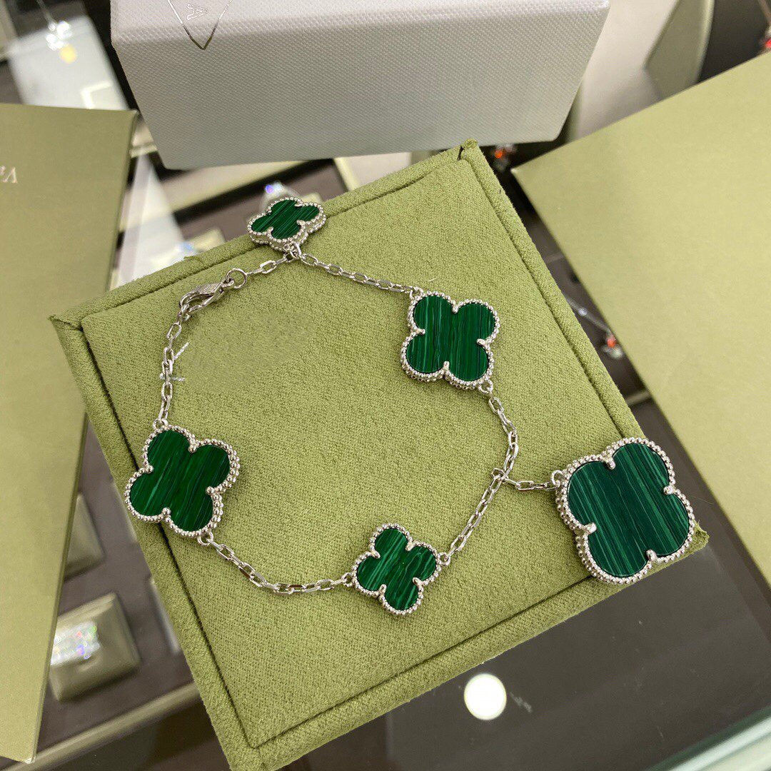 [Dawnora Jewelry]CLOVER 5 MOTIFS SIVLER MALACHITE BRACELET