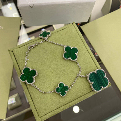 [Dawnora Jewelry]CLOVER 5 MOTIFS SIVLER MALACHITE BRACELET