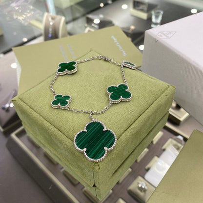 [Dawnora Jewelry]CLOVER 5 MOTIFS SIVLER MALACHITE BRACELET