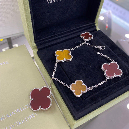 [Dawnora Jewelry]CLOVER 5 MOTIFS SIVLER CARNELIAN TIGER EYE BRACELET
