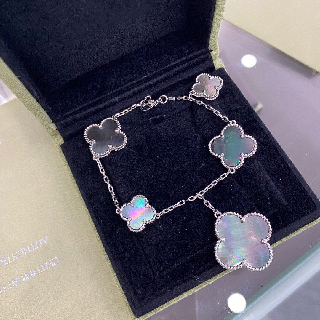 [Dawnora Jewelry]CLOVER 5 MOTIFS SIVLER DARK MOP BRACELET