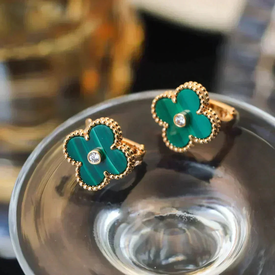 [Dawnora Jewelry]CLOVER MEDIUM 1 MOTIFS MALACHITE DIAMOND EARRINGS