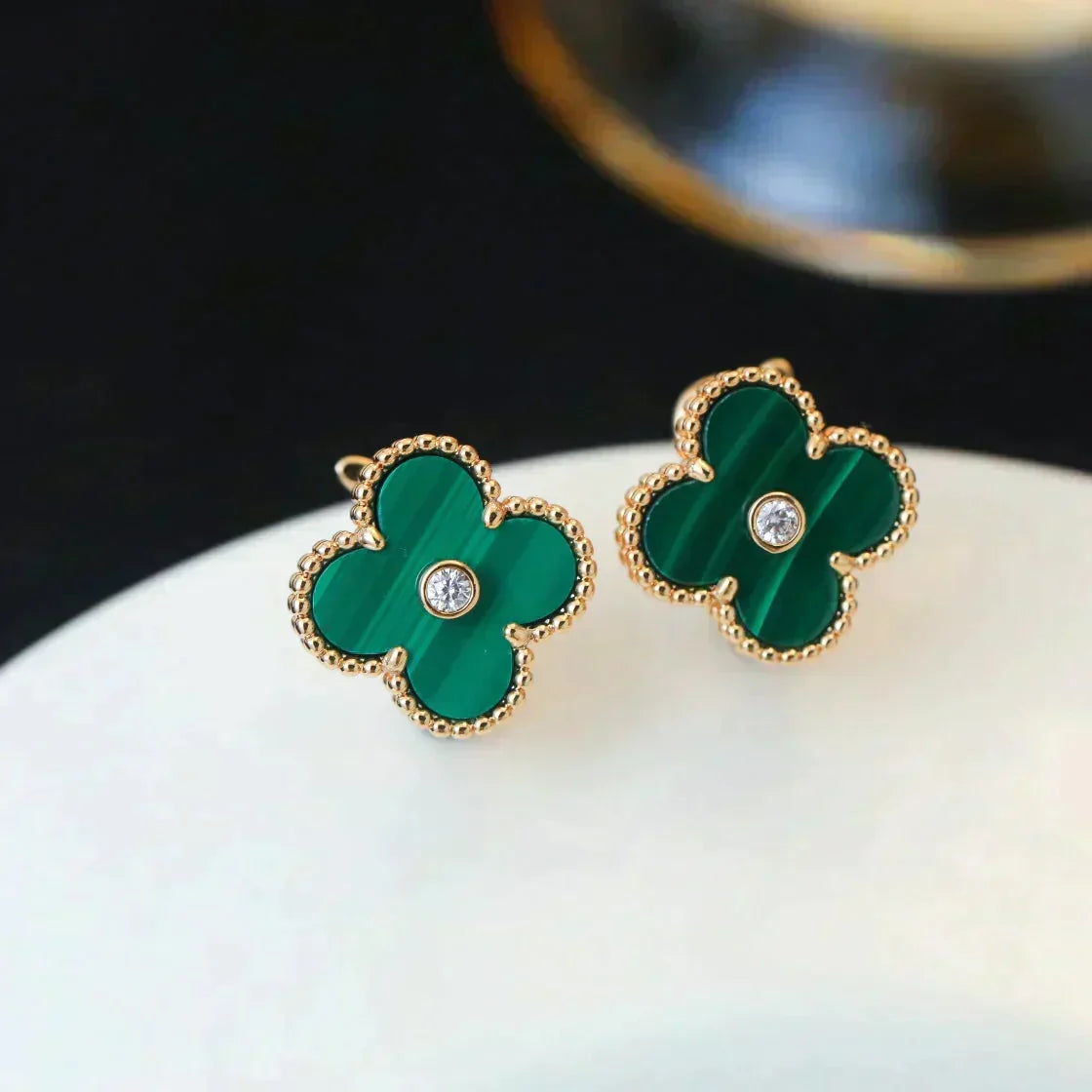 [Dawnora Jewelry]CLOVER MEDIUM 1 MOTIFS MALACHITE DIAMOND EARRINGS