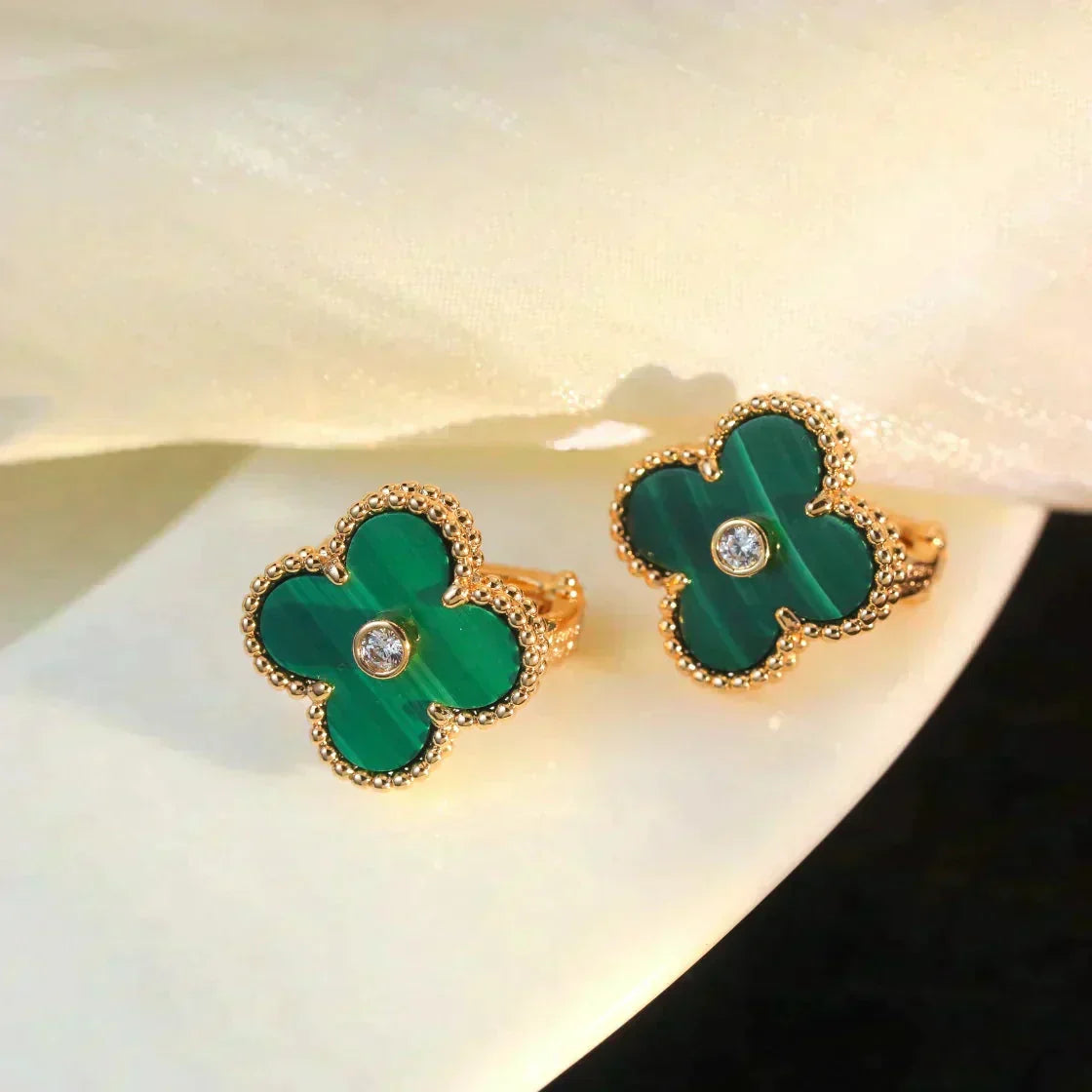 [Dawnora Jewelry]CLOVER MEDIUM 1 MOTIFS MALACHITE DIAMOND EARRINGS