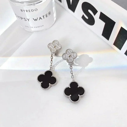 [Dawnora Jewelry]CLOVER 2 MOTIFS  DIAMOND ONYX EARRINGS SILVER