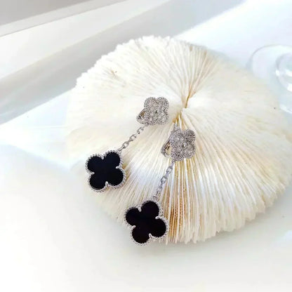 [Dawnora Jewelry]CLOVER 2 MOTIFS  DIAMOND ONYX EARRINGS SILVER