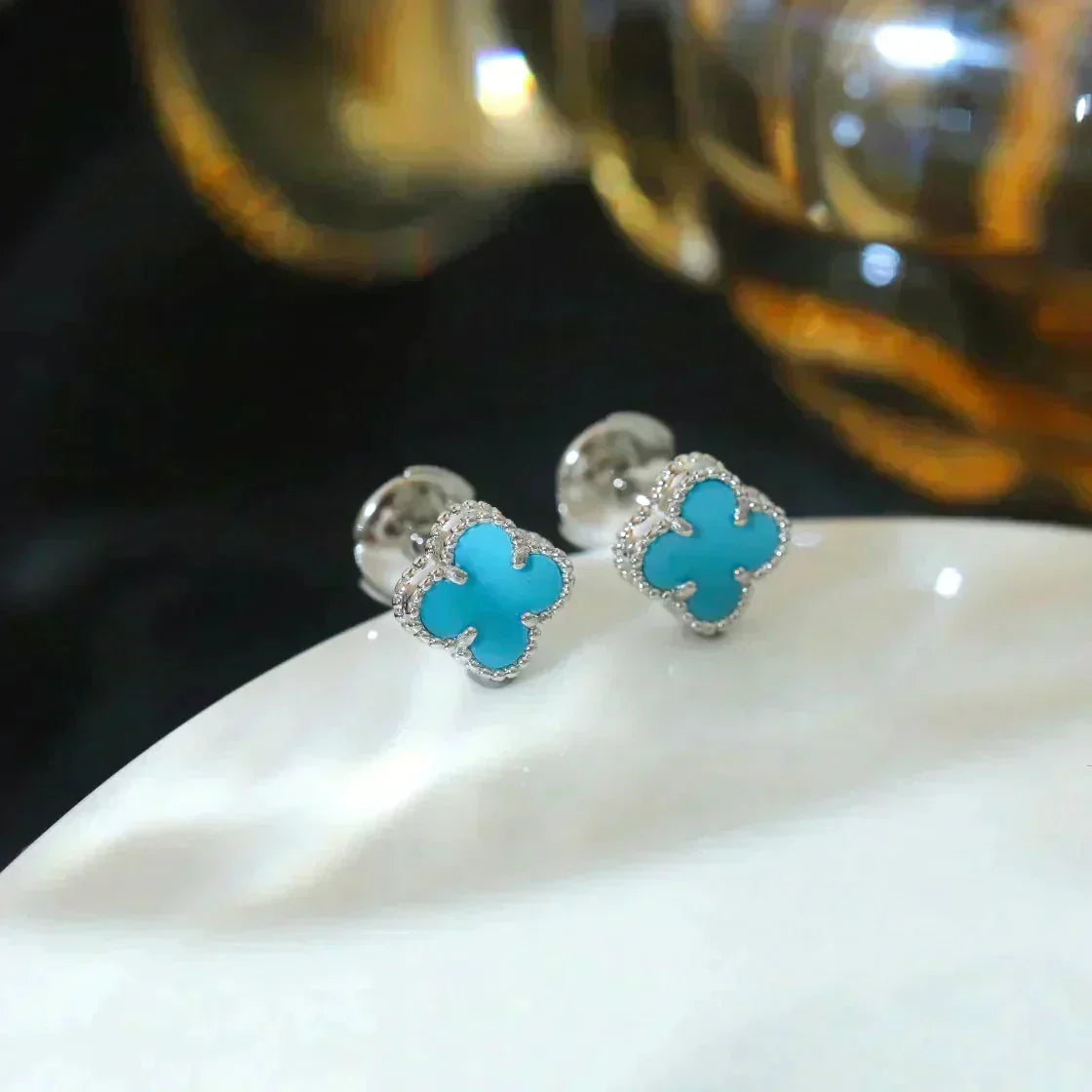 [Dawnora Jewelry]CLOVER MINI 9.5MM ONYX STUD EARRINGS SILVER
