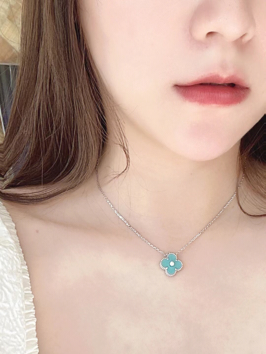 [Dawnora Jewelry]CLOVER 1 DIAMOND LIGHT BLUE SILVER NECKLACE