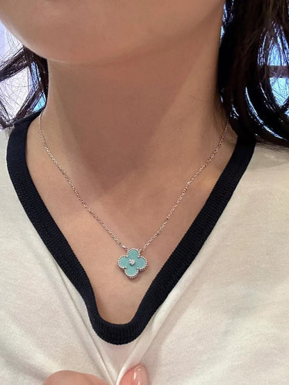 [Dawnora Jewelry]CLOVER 1 DIAMOND LIGHT BLUE SILVER NECKLACE