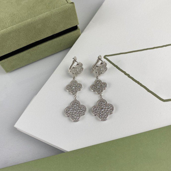 [Dawnora Jewelry]CLOVER 3 MOTIF DIAMOND SILVER DROP EARRINGS