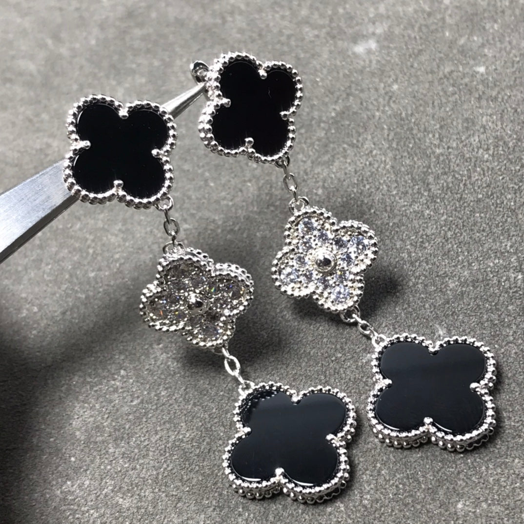 [Dawnora Jewelry]CLOVER 3 MOTIF DIAMOND ONYX SILVER EARRINGS