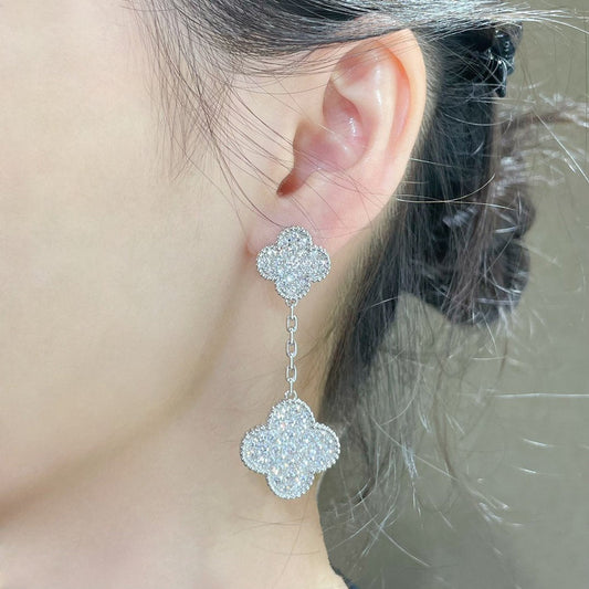 [Dawnora Jewelry]CLOVER 2 MOTIFS DIAMOND PAVED SILVER EARRINGS