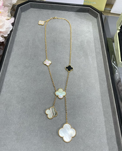 [Dawnora Jewelry]CLOVER 6 MOTIF MOP ONYX GOLD NECKLACE