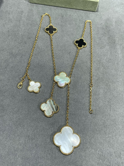 [Dawnora Jewelry]CLOVER 6 MOTIF MOP ONYX GOLD NECKLACE
