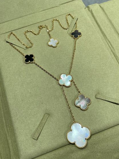 [Dawnora Jewelry]CLOVER 6 MOTIF MOP ONYX GOLD NECKLACE