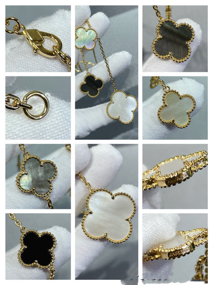[Dawnora Jewelry]CLOVER 6 MOTIF MOP ONYX GOLD NECKLACE