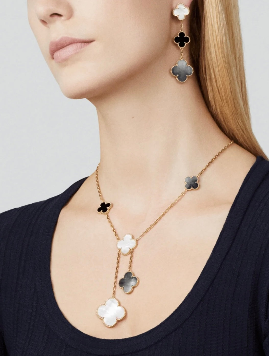 [Dawnora Jewelry]CLOVER 3 MOTIF MOP ONYX DARK MOP PINK GOLD EARRINGS