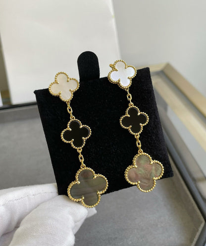 [Dawnora Jewelry]CLOVER 3 MOTIF MOP ONYX DARK MOP PINK GOLD EARRINGS