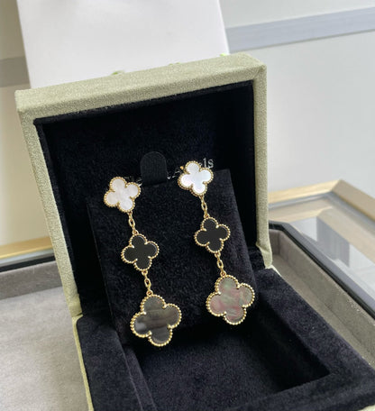 [Dawnora Jewelry]CLOVER 3 MOTIF MOP ONYX DARK MOP PINK GOLD EARRINGS