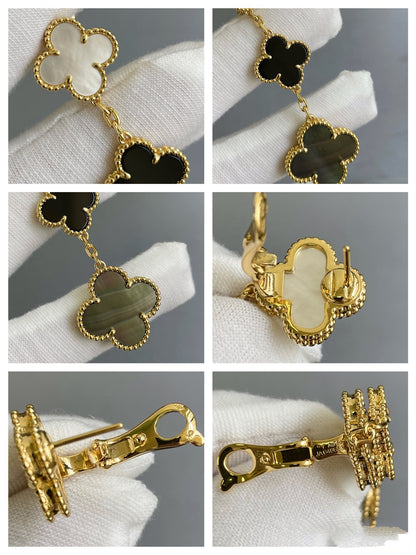 [Dawnora Jewelry]CLOVER 3 MOTIF MOP ONYX DARK MOP PINK GOLD EARRINGS