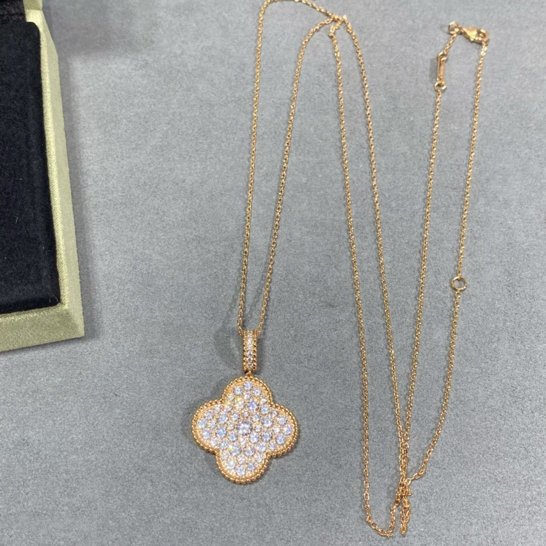 [Dawnora Jewelry]CLOVER 25MM LARGE PEDANT DIAMOND PAVED LONG NECKLACE