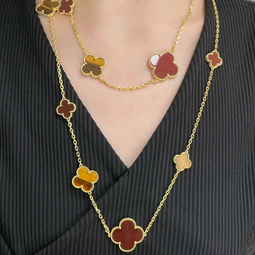 [Dawnora Jewelry]CLOVER 16 MOTIF CARNELIAN TIGER EYE ROSE GOLD NECKLACE