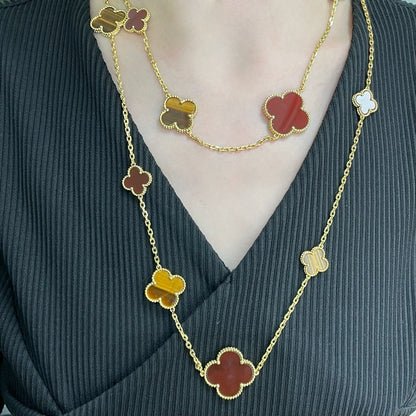 [Dawnora Jewelry]CLOVER 16 MOTIF CARNELIAN TIGER EYE ROSE GOLD NECKLACE