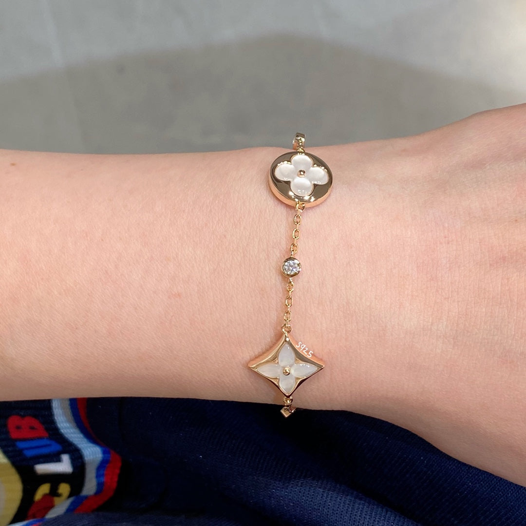 [Dawnora Jewelry]STAR AND SUN 4 MOTIF WHITE MOP PINK GOLD BRACELET