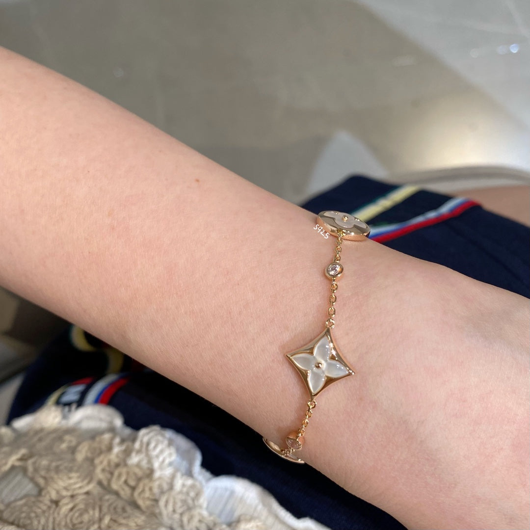 [Dawnora Jewelry]STAR AND SUN 4 MOTIF WHITE MOP PINK GOLD BRACELET