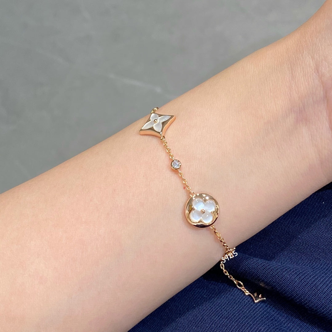 [Dawnora Jewelry]STAR AND SUN 4 MOTIF WHITE MOP PINK GOLD BRACELET