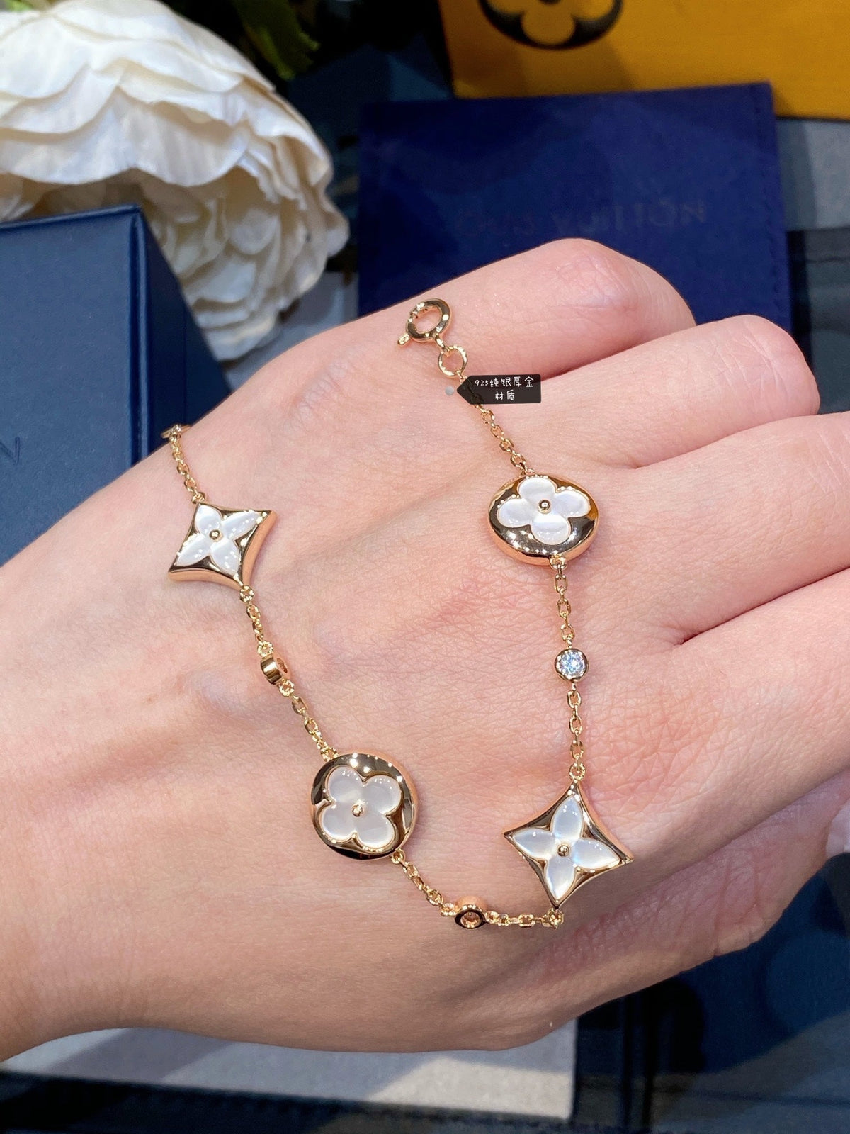 [Dawnora Jewelry]STAR AND SUN 4 MOTIF WHITE MOP PINK GOLD BRACELET
