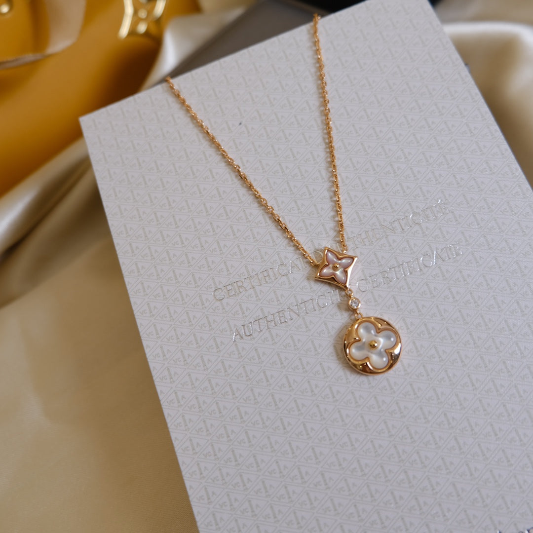 [Dawnora Jewelry]STAR AND SUN WHITE MOP 2 MOTIF PINK GOLD NECKLACE